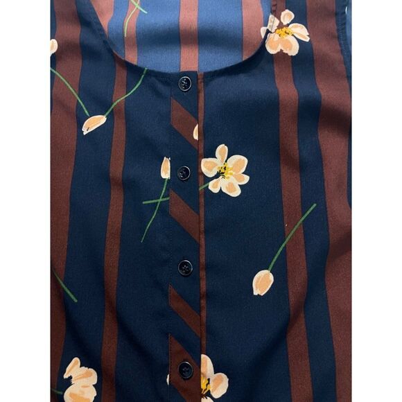 CAbi Scroll Sleeveless Top Woman Size Small Navy Brown Stripe Floral 3600 Small - Picture 5 of 6